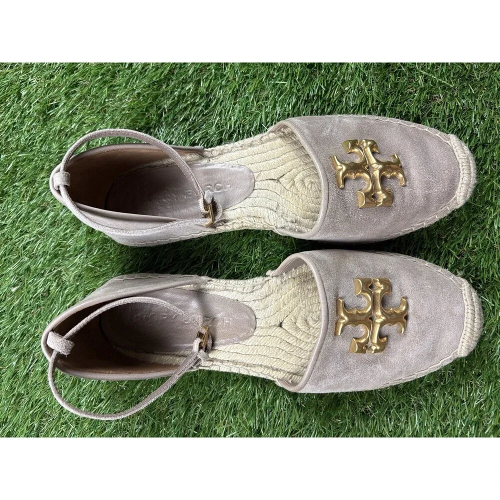 Tory Burch Eleanor Dorsay Logo Plaque Espadrilles Sz 7.5 Ankle Strap